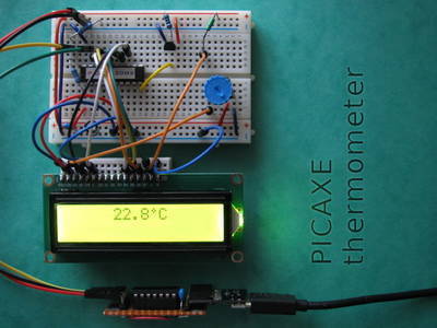 PICAXE Thermometer Prototype With DS18B20 Sensor and LCD Display