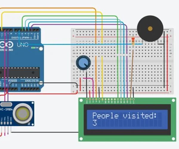 Bi-Directional Visitor Counter Using Single Ultrasonic Sensor With LCD on TinkerCad